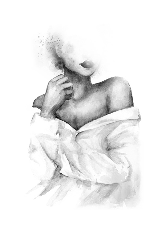  – Aquarell-Illustration in Schwarz-weiß, die eine Frau mit freiliegenden Schultern zeigt