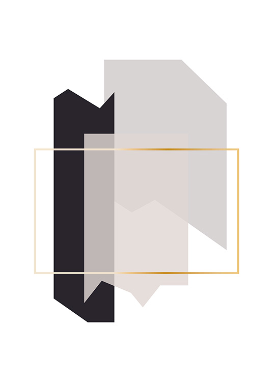  – Grafische Illustration mit Formen in Grau, die wie Fragmente aussehen, mit einem goldenen Rahmen in der Mitte