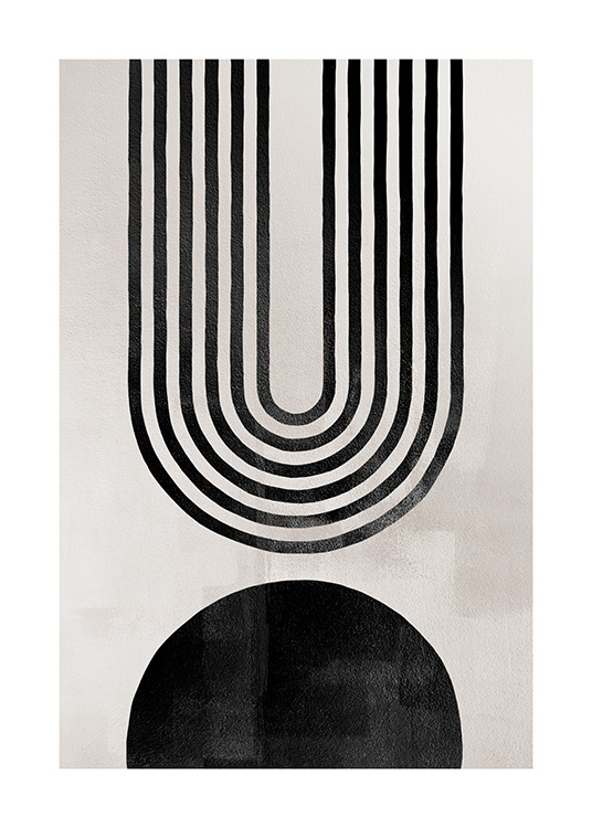  – Abstrakter Bogen in Schwarz aus Linien mit einer schwarzen geometrischen Form darunter und grauem Hintergrund