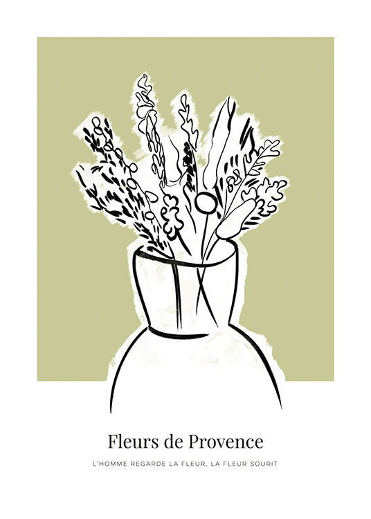  – Illustration von weißen Wildblumen in einer Vase mit schwarze Kontur, vor einem grünem Hintergrund