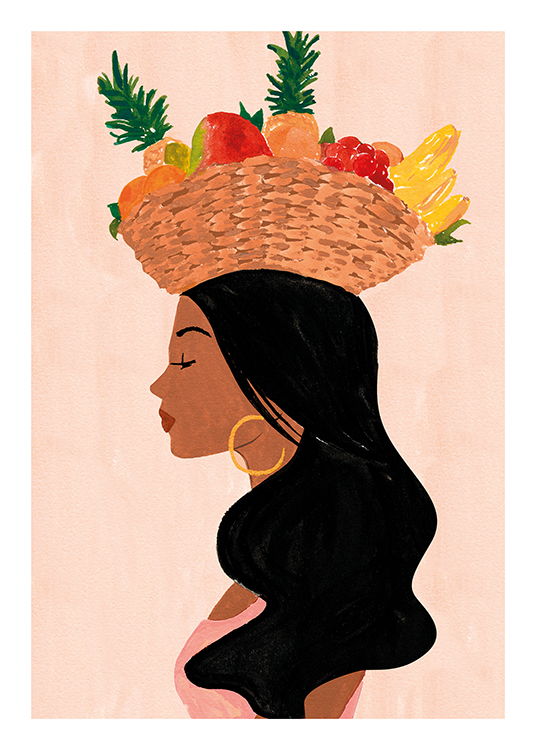  – Illustration einer Frau mit schwarzen Haaren von der Seite mit einem Obstkorb auf dem Kopf