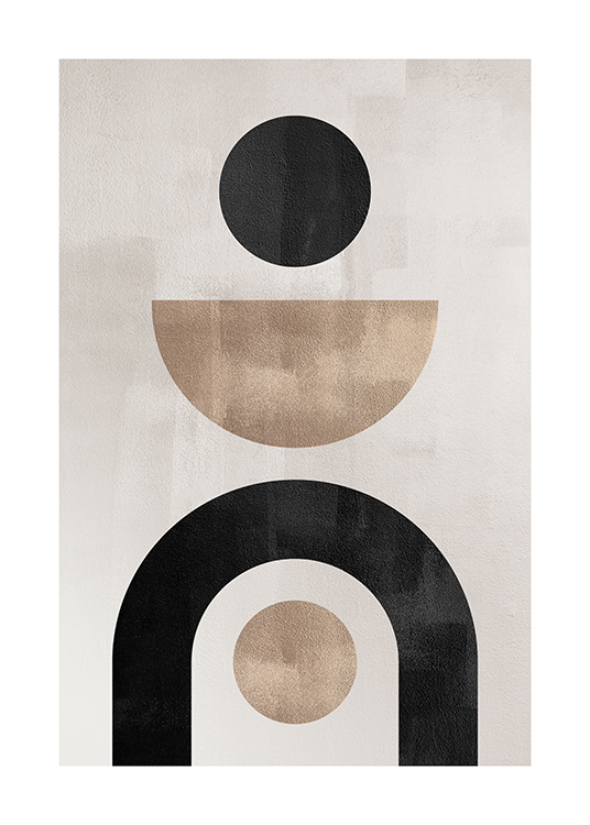  – Grafische Illustration mit geometrischen Formen in Beige und Schwarz vor graubeigem Hintergrund