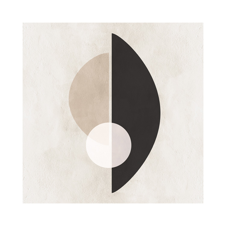 – Grafikposter mit einem weißen Kreis und geometrischen Formen in Beige und Schwarz vor einem beigen Hintergrund