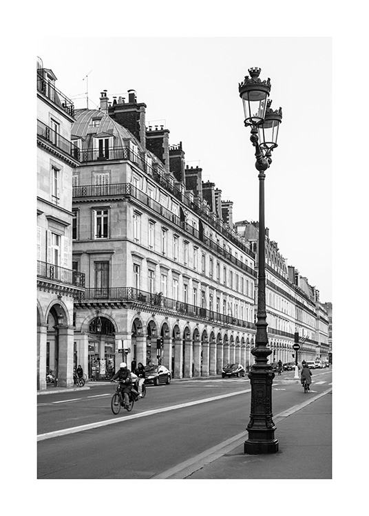 – Schwarz–Weiß–Poster einer Laterne und eines Gebäudes