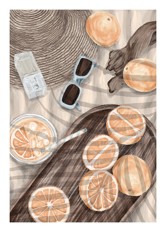 – Poster eines Picknicks mit Orangen und Zubehör