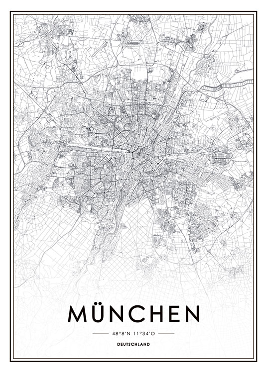 Schwarzweißes Poster mit Stadtplan von München Trendige