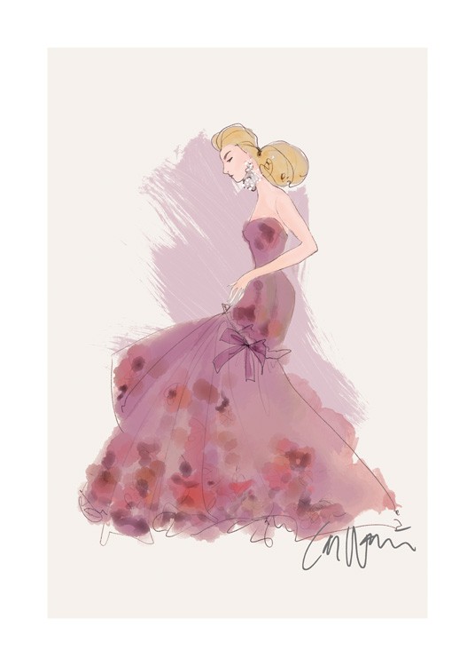  – Zeichnung einer Frau, die ein langes lila Kleid mit rosa Details trägt