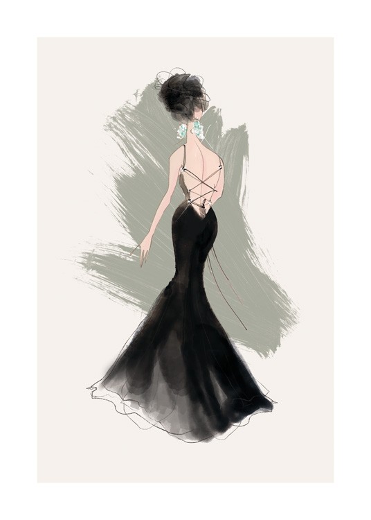 – Zeichnung einer Frau in einem schwarzen Kleid mit geschnürtem Rücken und Diamantohrringen