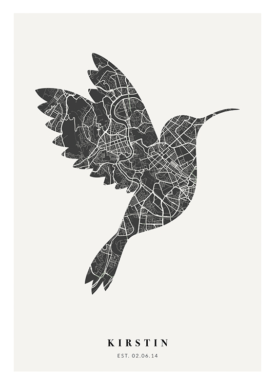  – Stadtplan in Schwarz-weiß in der Form eines Vogels mit Text am unteren Rand