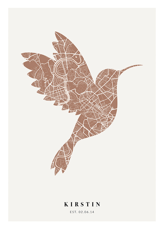  – Stadtplan in rostigem Rosa und Weiß in der Form eines Vogels mit Text am unteren Rand