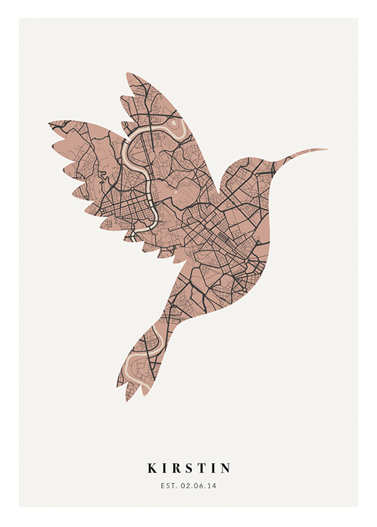  – Vogelförmiger Stadtplan in Rosa und Dunkelgrau mit Text am unteren Rand
