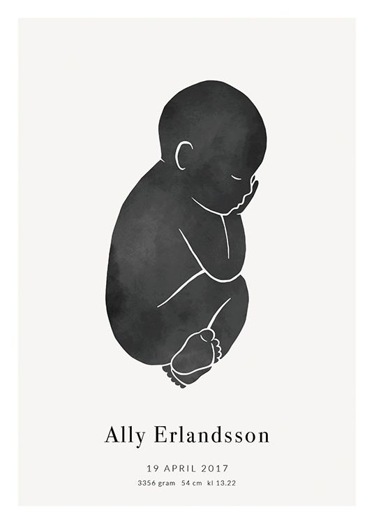  – Baby in Schwarz auf hellgrauem Hintergrund mit Text darunter