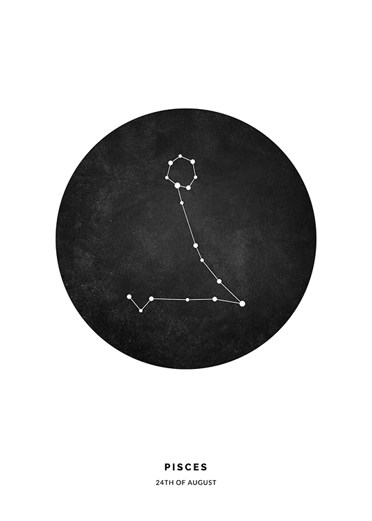  – Illustration mit dem Sternzeichen Fische in einem schwarzen Kreis vor einem weißen Hintergrund